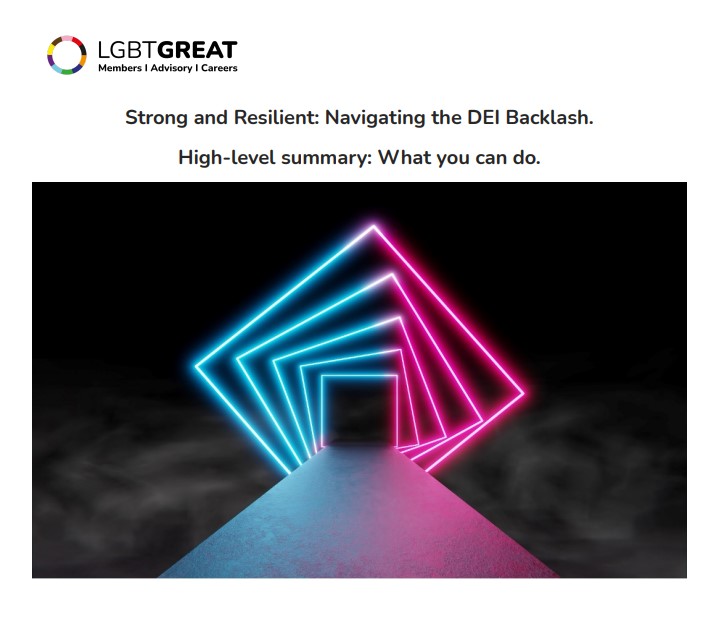 An Image of a doorway surrounded by Neon Squares, the title reads Strong and Resilient: Navigating the DEI Backlash - High Level Summary