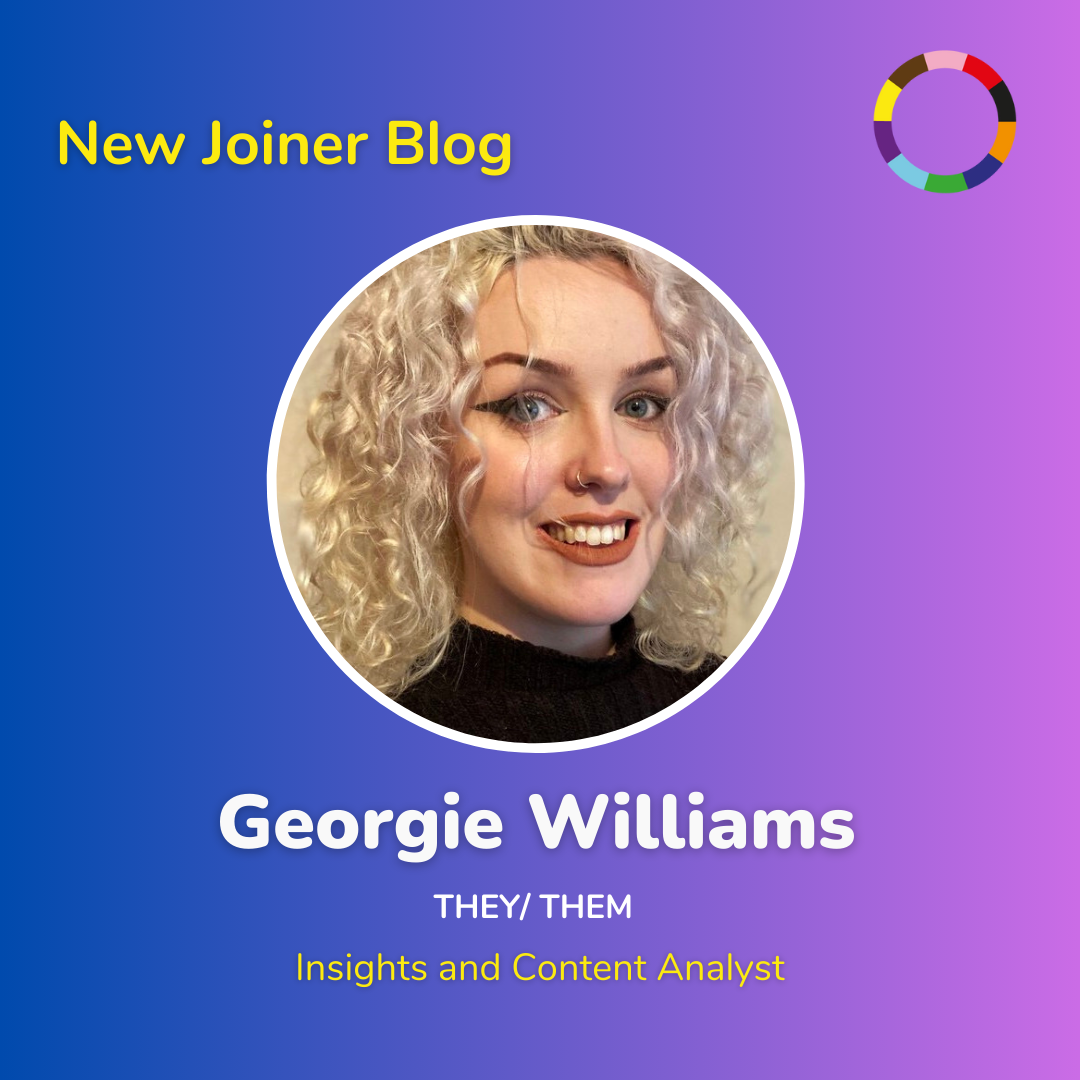 Asset presenting a circular, cropped image of Georgie's headshot- a white person with blonde curly hair in a black polo-neck jumper. The text around them reads "New Joiner Blog, Georgie Williams, they/them, Insights and Content Analyst".