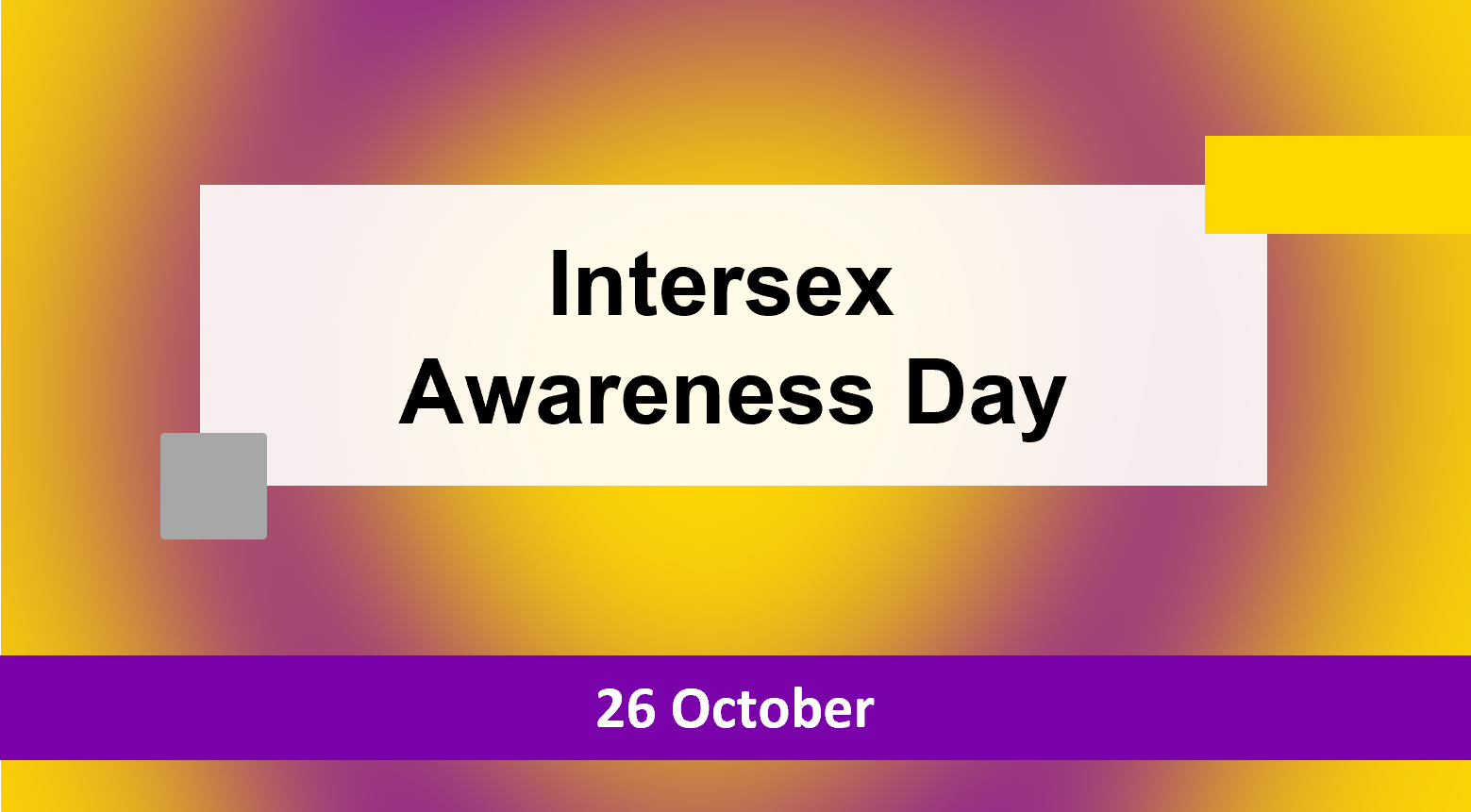 Abstract intersex flag, overlaid with "intersex awareness day" 