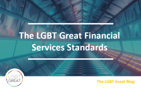 Abstract background with text overlay: The LGBT Great Financial Services Standards 