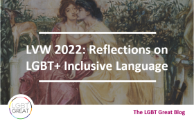 Painting of Sappho at Lesbos with title overlay: LVW 2022: Reflections on LGBT+ Inclusive Language